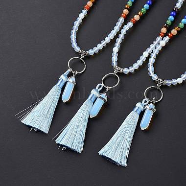 Opalite Bullet & Tassel Pendant Necklace with Mixed Gemstone Beaded Chains(NJEW-E585-02F)-2