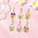 6Pcs Oval with Flower Glass Seed Bead & Lampwork & Alloy Pendant Decoraitons, with Lobster Claw Clasps, Mixed Color, 49.5mm(HJEW-MZ00351)