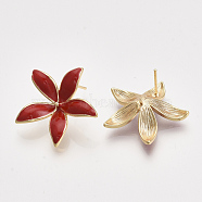 Brass Enamel Stud Earring Findings, with Loop, Real 18K Gold Plated, Nickel Free, Flower, Red, 22.5x24mm, Hole: 1.2mm, Pin: 0.8mm(KK-T038-572C-G-NF)