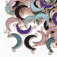 Druzy Resin Links connectors, with Edge Light Gold Plated Iron Loops, Moon, Mixed Color, 26~28x15~16x5mm, Hole: 1.8mm(RESI-S383-030-A)