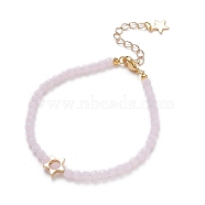 Faceted Imitation Jade Glass Beaded Bracelets, with Brass Star Beads, 304 Stainless Steel Star Charms and Lobster Claw Clasps, Golden, Misty Rose, 7-5/8 inch(19.4cm)(BJEW-JB05502-01)