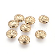 Tibetan Style Alloy Beads, Flat Round with Lotus, Lead Free & Nickel Free & Cadmium Free, Real 18K Gold Plated, Matte Gold Color, 14x6.5mm, Hole: 1mm(TIBEB-Q067-08MG-NR)