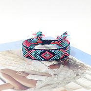 Polyester Braided Rhombus Pattern Cord Bracelet, Ethnic Tribal Adjustable Brazilian Bracelet for Women, Midnight Blue, 5-7/8 inch(15cm)(FIND-PW0013-004A-15)