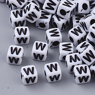 White Opaque Acrylic Beads, Horizontal Hole, Cube with Black Alphabet, Letter.W, 4~5x4~5x4~5mm, Hole: 1.8mm, about 440pcs/20g(X-MACR-R869-02W)
