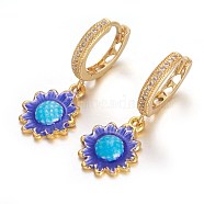 Brass Leverback Earrings, with Cubic Zirconia and Alloy Finding, Flower, Golden, 31mm, Pin: 1mm(EJEW-E234-05B-G)