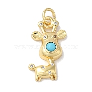 Rack Plating Brass Micro Pave Cubic Zirconia Enamel Pendants, with Jump Ring, Long-Lasting Plated, Lead Free & Cadmium Free, Real 18K Gold Plated, Deer, Turquoise, 19.5x10x4.5mm, Hole: 3.5mm(KK-K377-88G-01)