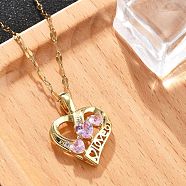 304 Stainless Steel Necklaces, with Cubic Zirconia, Heart Pendant, Pearl Pink, 15.75 inch(40cm) long+60mm extender(NJEW-R015-02G)