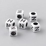Opaque Acrylic Beads, Letter Style, Cube, Letter.N, 6x6x6mm, Hole: 3mm, about 3000pcs/500g(SACR-Q188-02N)