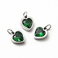 304 Stainless Steel Pendants, with Cubic Zirconia and Jump Rings, Single Stone Charms, Heart, Stainless Steel Color, Green, 9x8x3mm, Hole: 3.6mm(STAS-D189-06P-10)
