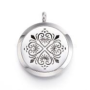 316 Surgical Stainless Steel Diffuser Locket Pendants, with Perfume Pad and Magnetic Clasps, Flat Round with Flower, Stainless Steel Color, 36.5~37x30x6~6.5mm, Hole: 5mm, Inner Diameter: 23mm, 12Color/Set(STAS-H342-51P)