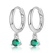 Rhodium Plated Platinum 925 Sterling Silver Hoop Earrings, with Cubic Zirconia Diamond Charms, with S925 Stamp, Green, 17mm(MN0975-05)