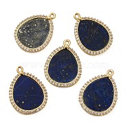 Natural Lapis Lazuli Pendants, Teardrop Charms with Rack Plating Gloden Tone Brass Micro Pave Clear Cubic Zirconia Findings, 20.5x15x2mm, Hole: 1mm(G-E609-03G-03)