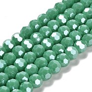 Electroplate Opaque Glass Beads Strands, Faceted(32 Facets), Pearl Luster Plated, Round, Medium Sea Green, 8mm, Hole: 1mm, about 66~69pcs/strand, 19.29~19.57 inch(49~49.7cm)(EGLA-A035-P8mm-A13)