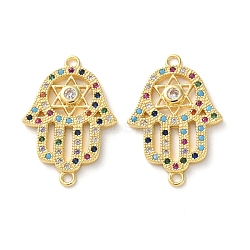 Rack Plating Brass Colorful Cubic Zirconia Religion Hamsa Hand Connector Charm, Long-Lasting Plated, Lead Free & Cadmium Free, Real 18K Gold Plated, 22.5x15.5x2.5mm, Hole: 1.3mm(KK-C084-19G)