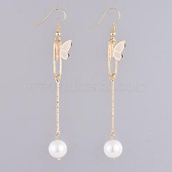 Dangle Earrings, with Glass Pearl Round Beads, Iron Bar Links, Brass Pendant and Earring Hooks, Butterfly & Oval, White, 81mm, Pin: 0.7mm(EJEW-JE03972-01)