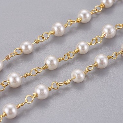 3.28 Feet Handmade Acrylic Imitaion Pearl Beaded Chains, Unwelded, with Brass Findings, Long-Lasting Plated, Round, with Spool, Floral White, Golden, 11.5x4~4.5mm(X-CHC-K007-H01)