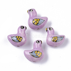 Handmade Porcelain Beads, Famille Rose Style, Bird, Plum, 17~19x17~19x11mm, Hole: 1.6~2mm(X-PORC-N004-62A)