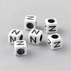 Opaque Acrylic Beads, Letter Style, Cube, Letter.N, 6x6x6mm, Hole: 3mm, about 3000pcs/500g(SACR-Q188-02N)