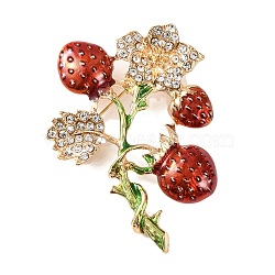 KC Gold Plated Alloy Enamel Strawberry Brooches, with Crystal Rhinestone, Colorful, 59.5x45x6.5mm(JEWB-L017-01KCG-01)