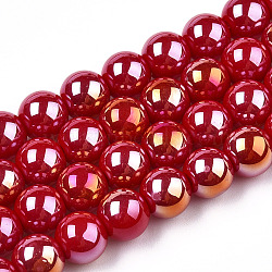 Electroplate Opaque Glass Beads Strands, AB Color Plated, Round, Red, 9.5~10mm, Hole: 1.5mm, about 40~42pcs/strand, 14.76~15.12 inch(37.5~38.4cm)(GLAA-T032-P10mm-AB04)