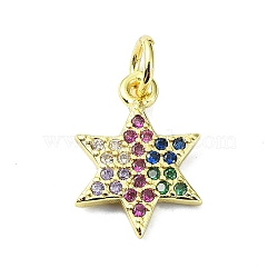 Brass Micro Pave Colorful Cubic Zirconia Pendants, with Jump Ring, Star Charm, Real 18K Gold Plated, 14.5x10x1.5mm, Hole: 3mm(KK-H475-19G-11)