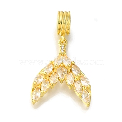 Rack Plating Brass Pave Clear Cubic Zirconia European Dangle Charms, Whale Tail Large Hole Pendants, Lead Free & Cadmium Free, Long-Lasting Plated, Golden, 31mm, Hole: 4mm(KK-H485-30G)