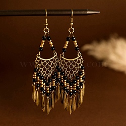 Vintage Bohemian Tassel Alloy & Resin Beaded Chandelier Earrings, Antique Bronze, 100x35mm(EJEW-G466-03AB)