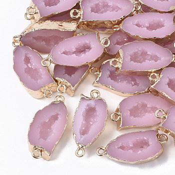 Druzy Resin Links connectors, Imitation Geode, with Light Gold Plated Iron Loops, Pink, 29~30x13x7mm, Hole: 1.8mm