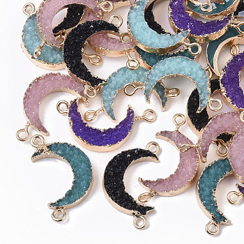 Druzy Resin Links connectors, with Edge Light Gold Plated Iron Loops, Moon, Mixed Color, 26~28x15~16x5mm, Hole: 1.8mm