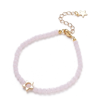 Faceted Imitation Jade Glass Beaded Bracelets, with Brass Star Beads, 304 Stainless Steel Star Charms and Lobster Claw Clasps, Golden, Misty Rose, 7-5/8 inch(19.4cm)