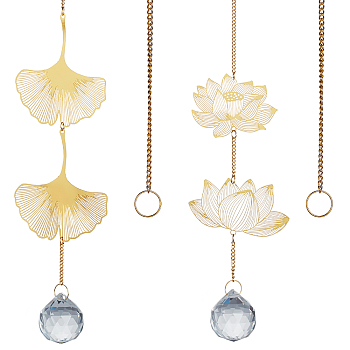 Hanging Leaf Crystal Pendant, for Home Window Chandelier Decoration, Golden, 38cm & 43cm, 2pcs/set