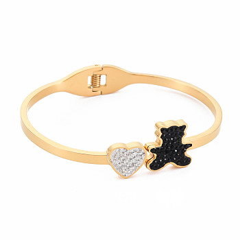 Rhinestone Bear & Heart Bangle, Stainless Steel Hinged Bangle with Polymer Clay for Women, Golden, Inner Diameter: 1-7/8x2-1/4 inch(4.8x5.8cm)