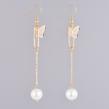 Dangle Earrings, with Glass Pearl Round Beads, Iron Bar Links, Brass Pendant and Earring Hooks, Butterfly & Oval, White, 81mm, Pin: 0.7mm
