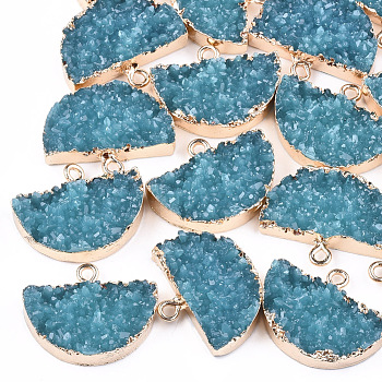Electroplate Druzy Resin Semi Circle Pendants, with Iron Findings, Half Round, Light Gold, Sky Blue, 18~19x23.5x5~6.5mm, Hole: 1mm