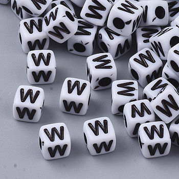 White Opaque Acrylic Beads, Horizontal Hole, Cube with Black Alphabet, Letter.W, 4~5x4~5x4~5mm, Hole: 1.8mm, about 440pcs/20g