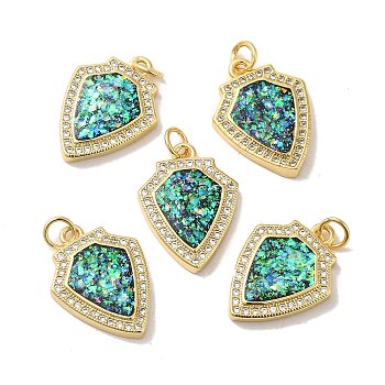 Rack Plating Brass Micro Pave Cubic Zirconia with Synthetic Opal Pendants, with Jump Ring, Lead Free & Cadmium Free, Long-Lasting Plated, Shield, Real 18K Gold Plated, 20.5x15.5x3.1mm