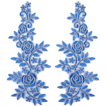 Polyester Metallic Embroidery Lace Appliques, Ornament Accessories for Cheongsam, Dress, Flower, Royal Blue, 360x145x1mm