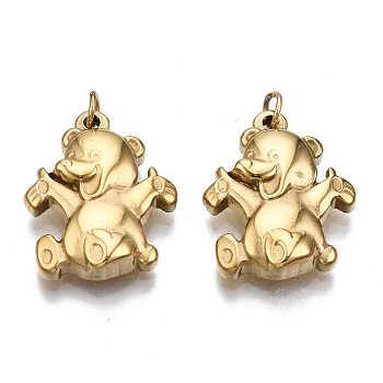 304 Stainless Steel Pendants, with Jump Rings, Bear, Real 14K Gold Plated, 17.5x14x3.5mm, Jump Ring: 3.8x0.6mm, 2.6mm inner diameter