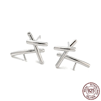 Rhodium Plated 925 Sterling Silver Stud Earring Findings, for Half Drilled Beads, with S925 Stamp, Real Platinum Plated, 10.5x14mm, Pin: 10.5x0.7mm and 0.6mm