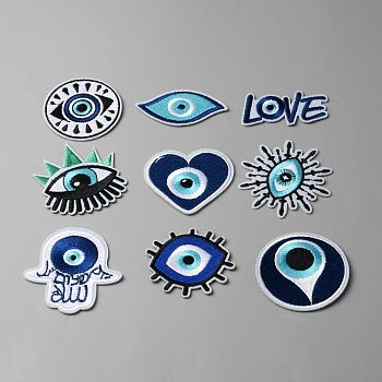 Evil Eye Theme Patch, Computerized Embroidery Cloth Iron on/Sew on Patches, Costume Accessories, Appliques, Blue, 29~63x52~60x1.5mm, 9pcs/set