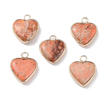 Dyed Synthetic Imperial Jasper Pendants, Brass Heart Charms, Golden, Sandy Brown, 19x16x4.5~5.5mm, Hole: 2.7mm