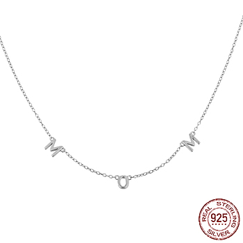 Rhodium Plated 925 Sterling Silver Pendant Necklaces, Word Mom, for Mother's Day, Platinum, 15.75 inch(40cm)