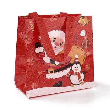 Christmas Theme Laminated Non-Woven Waterproof Bags, Heavy Duty Storage Reusable Shopping Bags, Rectangle with Handles, FireBrick, Santa Claus Pattern, 21.5x11x21.2cm