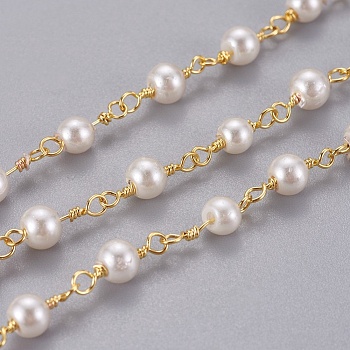 3.28 Feet Handmade Acrylic Imitaion Pearl Beaded Chains, Unwelded, with Brass Findings, Long-Lasting Plated, Round, with Spool, Floral White, Golden, 11.5x4~4.5mm