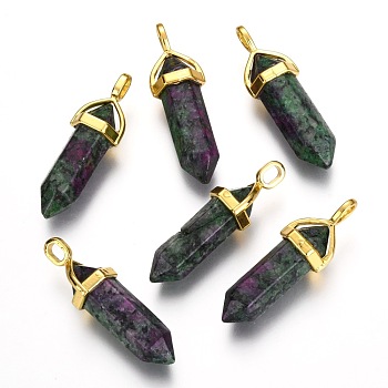 Natural Ruby in Zoisite Double Terminated Pointed Pendants, with Random Alloy Pendant Hexagon Bead Cap Bails, Golden, Bullet, 37~40x12.5x10mm, Hole: 3x4.5mm