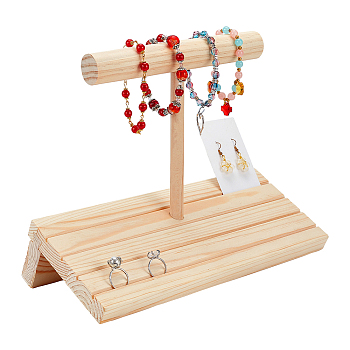 Wooden T-Bar Jewelry Display Stands with 4-Slot Slant Back Organizer Holder Tray, for Rings, Earring Display Cards and Photo, Home Decorations, Navajo White, Finish Product: 30.5x13x23.5cm