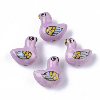 Handmade Porcelain Beads, Famille Rose Style, Bird, Plum, 17~19x17~19x11mm, Hole: 1.6~2mm