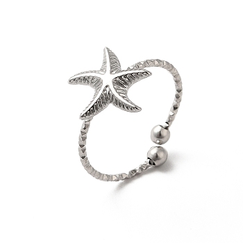 304 Stainless Steel Starfish Open Cuff Rings for Women, Stainless Steel Color, US Size 7 3/4(17.9mm)