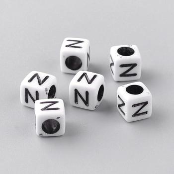 Opaque Acrylic Beads, Letter Style, Cube, Letter.N, 6x6x6mm, Hole: 3mm, about 3000pcs/500g