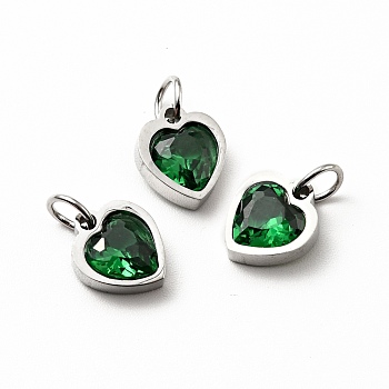 304 Stainless Steel Pendants, with Cubic Zirconia and Jump Rings, Single Stone Charms, Heart, Stainless Steel Color, Green, 9x8x3mm, Hole: 3.6mm